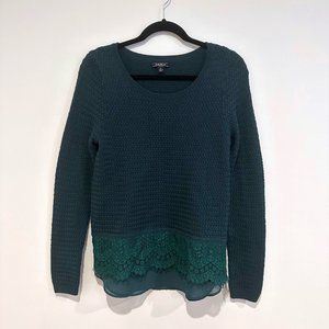NWOT, Lucky Brand Forest Green Sweater Blouse, Chiffon & Lace Trim, Size Large